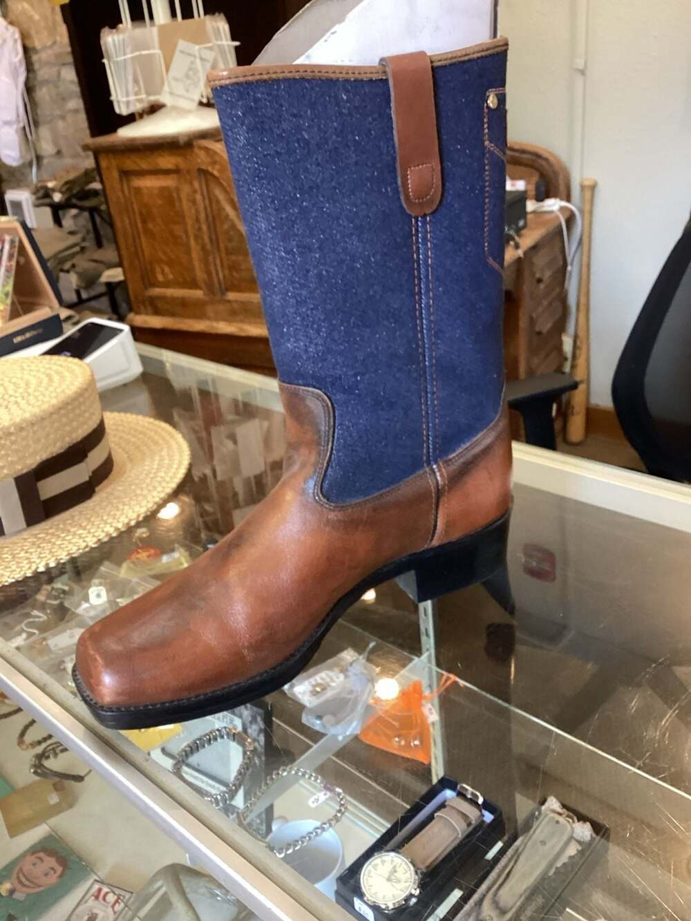 Size 11 Western Cowboy Boots Brown Leather and Blue Denim Shaft Square Toe